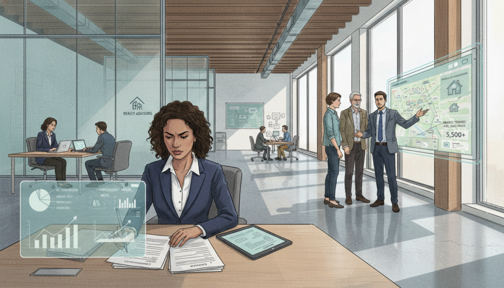A detailed illustration depicting the concept of agent compensation in the real estate market. In the foreground, a professional real estate agent, dressed in business attire, reviews documents with a thoughtful expression, surrounded by graphs and charts showcasing commission structures. In the middle ground, a diverse group of clients discusses options with another agent, highlighting teamwork and negotiation dynamics, while digital screens display real-time market data. The background features a contemporary office space with large windows, letting in bright, natural light that casts soft shadows across the room. The atmosphere conveys professionalism and ambition, emphasizing the complexity of real estate transactions and agent earnings. Use a wide-angle lens to capture the entire scene, ensuring a clear focus on the interactions between agents and clients. A detailed illustration depicting the concept of agent compensation in the real estate market. In the foreground, a professional real estate agent, dressed in business attire, reviews documents with a thoughtful expression, surrounded by graphs and charts showcasing commission structures. In the middle ground, a diverse group of clients discusses options with another agent, highlighting teamwork and negotiation dynamics, while digital screens display real-time market data. The background features a contemporary office space with large windows, letting in bright, natural light that casts soft shadows across the room. The atmosphere conveys professionalism and ambition, emphasizing the complexity of real estate transactions and agent earnings. Use a wide-angle lens to capture the entire scene, ensuring a clear focus on the interactions between agents and clients.