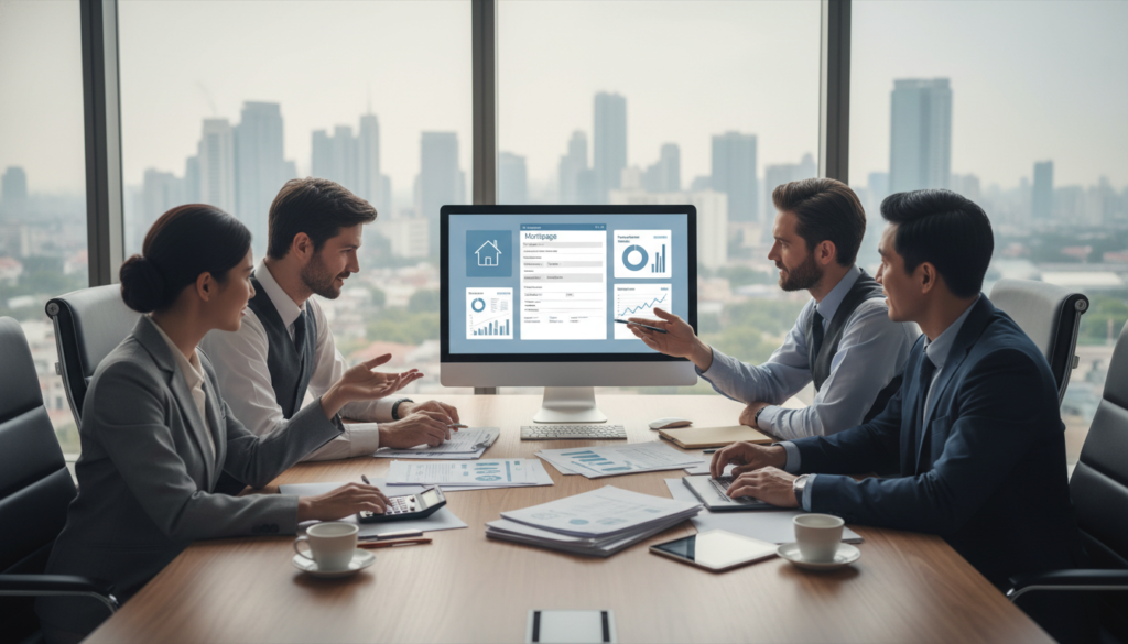 A detailed illustration depicting the mortgage qualification process in a professional office setting. In the foreground, a diverse group of three individuals, one woman and two men, are seated at a conference table, reviewing financial documents and calculators, dressed in smart business attire. The middle layer includes a computer screen showing a mortgage application form, with charts and graphs demonstrating financial data. In the background, a large window reveals a cityscape, allowing soft natural light to fill the room, enhancing a welcoming atmosphere. The angle is slightly elevated, providing a comprehensive view of the scene. The mood is focused yet optimistic, highlighting collaboration and determination in understanding the mortgage qualification process. A detailed illustration depicting the mortgage qualification process in a professional office setting. In the foreground, a diverse group of three individuals, one woman and two men, are seated at a conference table, reviewing financial documents and calculators, dressed in smart business attire. The middle layer includes a computer screen showing a mortgage application form, with charts and graphs demonstrating financial data. In the background, a large window reveals a cityscape, allowing soft natural light to fill the room, enhancing a welcoming atmosphere. The angle is slightly elevated, providing a comprehensive view of the scene. The mood is focused yet optimistic, highlighting collaboration and determination in understanding the mortgage qualification process.