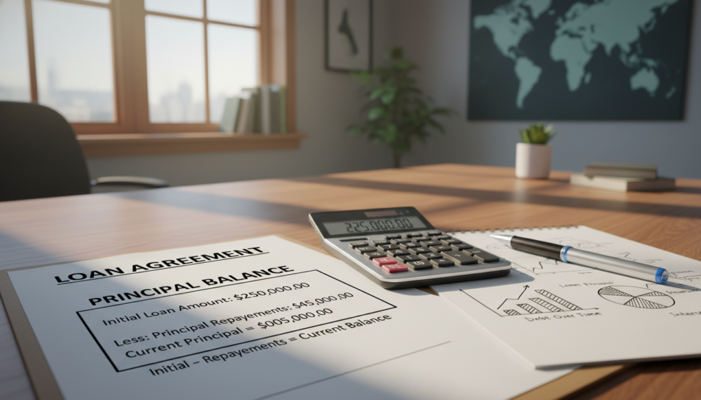 A detailed illustration of a financial concept, focusing on the "principal balance" of a loan agreement. In the foreground, depict a clear and visually striking document with a prominent section labeled "Principal Balance," showcasing numerical figures and calculations related to loan amounts. The middle ground should feature a sleek calculator, symbolizing financial calculations, alongside a pen resting on a notepad filled with graphs and charts illustrating loan progress. In the background, represent a professional office environment with soft, natural lighting filtering through a window, casting gentle shadows for depth. The atmosphere should feel organized and productive, evoking a sense of clarity and control over finances. A detailed illustration of a financial concept, focusing on the "principal balance" of a loan agreement. In the foreground, depict a clear and visually striking document with a prominent section labeled "Principal Balance," showcasing numerical figures and calculations related to loan amounts. The middle ground should feature a sleek calculator, symbolizing financial calculations, alongside a pen resting on a notepad filled with graphs and charts illustrating loan progress. In the background, represent a professional office environment with soft, natural lighting filtering through a window, casting gentle shadows for depth. The atmosphere should feel organized and productive, evoking a sense of clarity and control over finances.