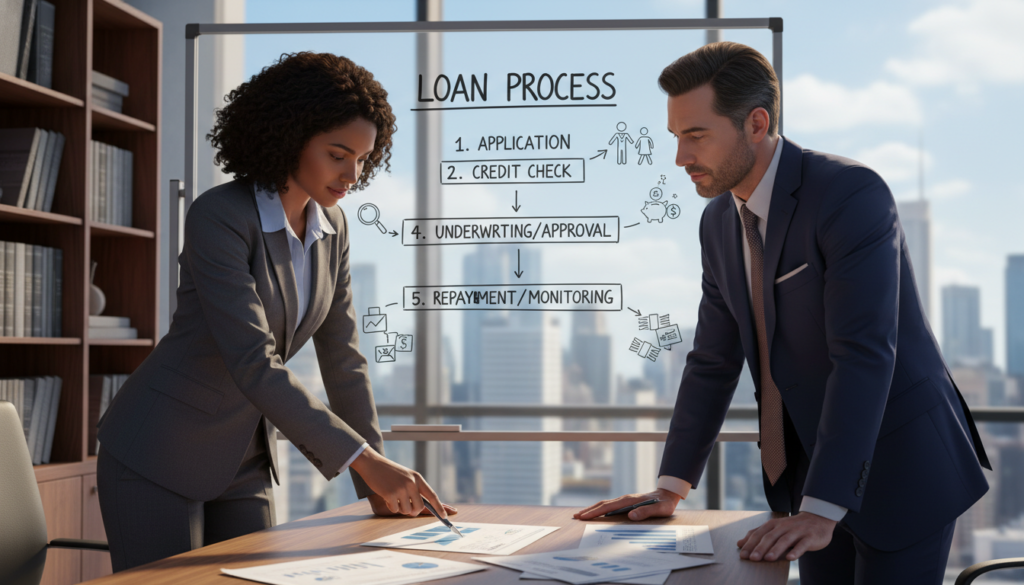 A detailed illustration of the loan process, featuring a diverse group of professionals in a modern office setting. In the foreground, a businesswoman in a crisp suit discusses loan paperwork with a businessman in formal wear, both focused and engaged. In the middle ground, a large whiteboard displays a flowchart titled "Loan Process", outlining steps like 'Application', 'Approval', 'Disbursement', and 'Repayment'. The background includes shelves with financial books and a window showing a cityscape with skyscrapers under bright, natural daylight. The atmosphere is professional and informative, highlighting the clarity and organization of financial understanding. Use a soft focus for a slightly blurred background to emphasize the subjects, while ensuring excellent lighting that enhances the details. A detailed illustration of the loan process, featuring a diverse group of professionals in a modern office setting. In the foreground, a businesswoman in a crisp suit discusses loan paperwork with a businessman in formal wear, both focused and engaged. In the middle ground, a large whiteboard displays a flowchart titled "Loan Process", outlining steps like 'Application', 'Approval', 'Disbursement', and 'Repayment'. The background includes shelves with financial books and a window showing a cityscape with skyscrapers under bright, natural daylight. The atmosphere is professional and informative, highlighting the clarity and organization of financial understanding. Use a soft focus for a slightly blurred background to emphasize the subjects, while ensuring excellent lighting that enhances the details.
