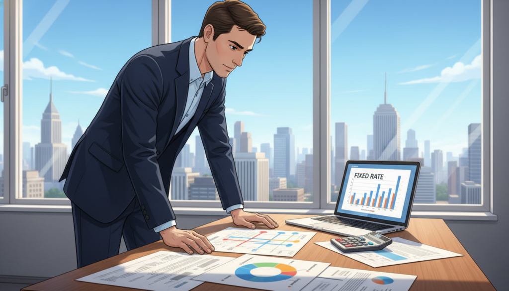 A detailed illustration of the mechanics of fixed rate mortgages, featuring a well-organized financial workspace. In the foreground, a professional business consultant in smart casual attire is analyzing a set of colorful charts and graphs showing mortgage rates and payment schedules. The middle ground displays a wooden desk cluttered with documents, a calculator, and a laptop with visual data. Behind, a large window offers a view of a modern city skyline with a blue sky. Soft, natural lighting floods the scene, emphasizing a focused, productive atmosphere. The angle captures the workspace dynamically, inviting viewers into the world of mortgage finance without any text or branding. A detailed illustration of the mechanics of fixed rate mortgages, featuring a well-organized financial workspace. In the foreground, a professional business consultant in smart casual attire is analyzing a set of colorful charts and graphs showing mortgage rates and payment schedules. The middle ground displays a wooden desk cluttered with documents, a calculator, and a laptop with visual data. Behind, a large window offers a view of a modern city skyline with a blue sky. Soft, natural lighting floods the scene, emphasizing a focused, productive atmosphere. The angle captures the workspace dynamically, inviting viewers into the world of mortgage finance without any text or branding.