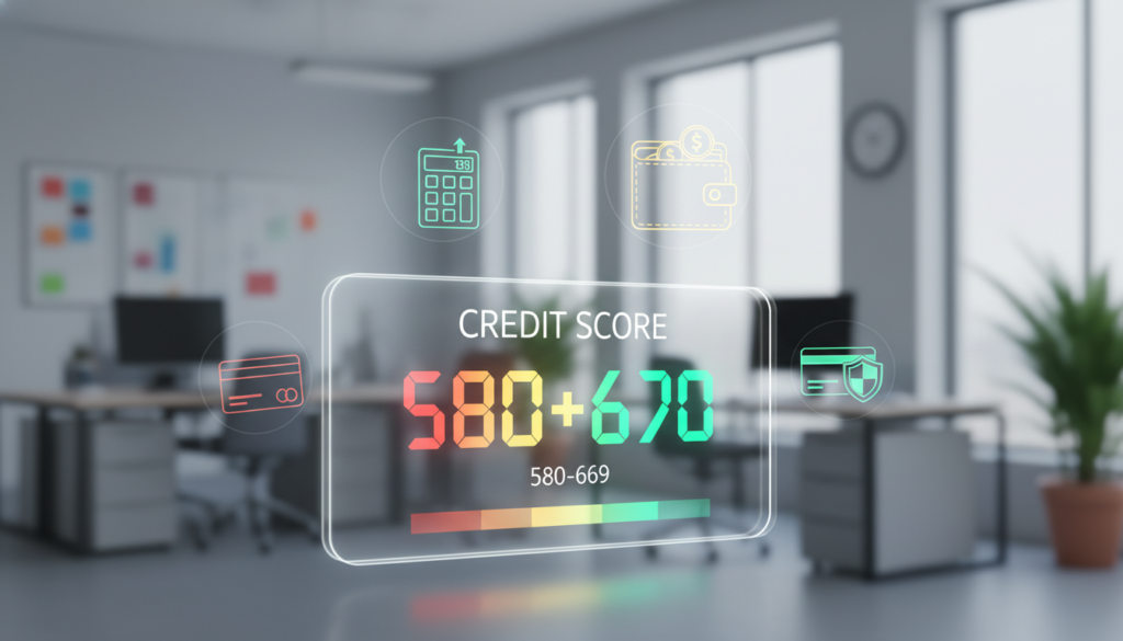 A detailed, informative illustration depicting a visual representation of a credit score. In the foreground, show a digital scoreboard displaying a fluctuating credit score with vibrant colors, indicating different ranges (red for low, yellow for fair, green for good). In the middle ground, include icons or symbols representing key factors affecting credit scores, such as a calculator, wallet, and credit card. In the background, create a subtle, blurred financial office environment with soft lighting to convey professionalism. Use a wide-angle perspective to capture the elements harmoniously. The mood should be educational and optimistic, encouraging viewers to understand and improve their financial health without any distractions, ensuring a clean, polished look with no text or watermarks. A detailed, informative illustration depicting a visual representation of a credit score. In the foreground, show a digital scoreboard displaying a fluctuating credit score with vibrant colors, indicating different ranges (red for low, yellow for fair, green for good). In the middle ground, include icons or symbols representing key factors affecting credit scores, such as a calculator, wallet, and credit card. In the background, create a subtle, blurred financial office environment with soft lighting to convey professionalism. Use a wide-angle perspective to capture the elements harmoniously. The mood should be educational and optimistic, encouraging viewers to understand and improve their financial health without any distractions, ensuring a clean, polished look with no text or watermarks.
