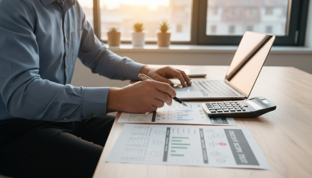 A detailed, modern credit report displayed prominently on a stylish, contemporary wooden desk. In the foreground, the focus is on the credit report, featuring neatly organized sections with numerical scores, indicators, and categories such as payment history, credit utilization, and inquiries. To the side, there’s a sophisticated calculator and a sleek laptop, representing financial planning tools. In the middle ground, a professional businessperson, dressed in smart business attire, is analyzing the report with a pen in hand, displaying concentration and determination. The background is softly blurred, featuring a tasteful, minimalistic office setting with potted plants and natural light filtering through a large window, creating an optimistic and focused atmosphere conducive to preparing for homeownership. A detailed, modern credit report displayed prominently on a stylish, contemporary wooden desk. In the foreground, the focus is on the credit report, featuring neatly organized sections with numerical scores, indicators, and categories such as payment history, credit utilization, and inquiries. To the side, there’s a sophisticated calculator and a sleek laptop, representing financial planning tools. In the middle ground, a professional businessperson, dressed in smart business attire, is analyzing the report with a pen in hand, displaying concentration and determination. The background is softly blurred, featuring a tasteful, minimalistic office setting with potted plants and natural light filtering through a large window, creating an optimistic and focused atmosphere conducive to preparing for homeownership.