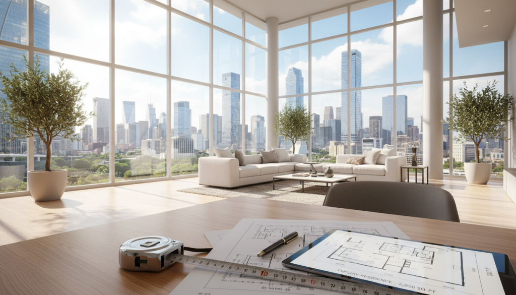 A detailed representation of "square footage" in a modern real estate context. In the foreground, a measuring tape and a small set of architectural plans lay on a polished wooden table, showcasing precise measurements and area calculations. In the middle ground, a large, open-concept living space is depicted with high ceilings, large windows allowing natural sunlight to pour in, and elegant furnishings that suggest size and comfort. In the background, a beautiful city skyline can be seen through the windows, hinting at an urban property setting. The lighting is bright and inviting, creating an optimistic and professional atmosphere. The angle focuses on the table and living area, drawing the viewer's eye to the expansive space to underscore the importance of understanding square footage in property listings. A detailed representation of "square footage" in a modern real estate context. In the foreground, a measuring tape and a small set of architectural plans lay on a polished wooden table, showcasing precise measurements and area calculations. In the middle ground, a large, open-concept living space is depicted with high ceilings, large windows allowing natural sunlight to pour in, and elegant furnishings that suggest size and comfort. In the background, a beautiful city skyline can be seen through the windows, hinting at an urban property setting. The lighting is bright and inviting, creating an optimistic and professional atmosphere. The angle focuses on the table and living area, drawing the viewer's eye to the expansive space to underscore the importance of understanding square footage in property listings.