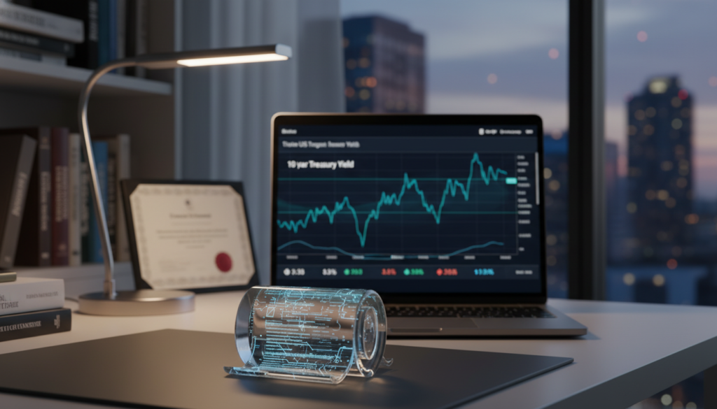 A detailed scene featuring a digital representation of a 10-year treasury bond chart on a sleek, modern office desk. In the foreground, a sharp focus on a clear glass paperweight shaped like a bond certificate, highlighting intricate details and futuristic design elements. In the middle ground, a laptop displays real-time financial data and trends, bathed in soft, warm lighting from a nearby desk lamp, creating a professional atmosphere. The background subtly includes shelves with financial books and framed financial certifications, hinting at expertise. Soft focus on a window showing a city skyline during dusk, adding depth. The mood is analytical and forward-looking, with an emphasis on stability and investment. No text or annotations present. A detailed scene featuring a digital representation of a 10-year treasury bond chart on a sleek, modern office desk. In the foreground, a sharp focus on a clear glass paperweight shaped like a bond certificate, highlighting intricate details and futuristic design elements. In the middle ground, a laptop displays real-time financial data and trends, bathed in soft, warm lighting from a nearby desk lamp, creating a professional atmosphere. The background subtly includes shelves with financial books and framed financial certifications, hinting at expertise. Soft focus on a window showing a city skyline during dusk, adding depth. The mood is analytical and forward-looking, with an emphasis on stability and investment. No text or annotations present.