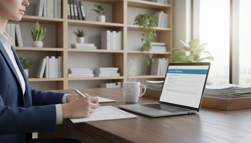 A detailed scene illustrating the mortgage application process, set in a bright and modern office environment. In the foreground, a professional-looking individual, dressed in business attire, examines a checklist and holds a pen, showcasing focus and determination. In the middle of the scene, a large wooden desk features a laptop displaying digital mortgage application forms, a coffee mug, and neatly arranged documents. The background reveals shelves filled with finance books and potted plants, adding a touch of warmth. Natural light floods the room through a large window, creating a vibrant and inviting atmosphere. The image conveys a sense of professionalism and clarity, emphasizing the organized and methodical nature of the mortgage application process. A detailed scene illustrating the mortgage application process, set in a bright and modern office environment. In the foreground, a professional-looking individual, dressed in business attire, examines a checklist and holds a pen, showcasing focus and determination. In the middle of the scene, a large wooden desk features a laptop displaying digital mortgage application forms, a coffee mug, and neatly arranged documents. The background reveals shelves filled with finance books and potted plants, adding a touch of warmth. Natural light floods the room through a large window, creating a vibrant and inviting atmosphere. The image conveys a sense of professionalism and clarity, emphasizing the organized and methodical nature of the mortgage application process.