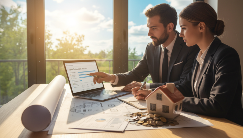 A detailed scene representing a realistic savings account strategy for home purchase. In the foreground, a professional man and woman in business attire, seated at a sleek wooden table covered with financial documents and a laptop displaying a savings calculator. The middle ground features a large house blueprint and a piggy bank overflowing with coins, symbolizing their savings goals. In the background, a bright window reveals a sunny day outside, suggesting optimism for the future. The lighting is warm and inviting, casting soft shadows that create a sense of focus and clarity. The mood is determined and hopeful, portraying a strategic approach to financial planning for homeownership. A detailed scene representing a realistic savings account strategy for home purchase. In the foreground, a professional man and woman in business attire, seated at a sleek wooden table covered with financial documents and a laptop displaying a savings calculator. The middle ground features a large house blueprint and a piggy bank overflowing with coins, symbolizing their savings goals. In the background, a bright window reveals a sunny day outside, suggesting optimism for the future. The lighting is warm and inviting, casting soft shadows that create a sense of focus and clarity. The mood is determined and hopeful, portraying a strategic approach to financial planning for homeownership.