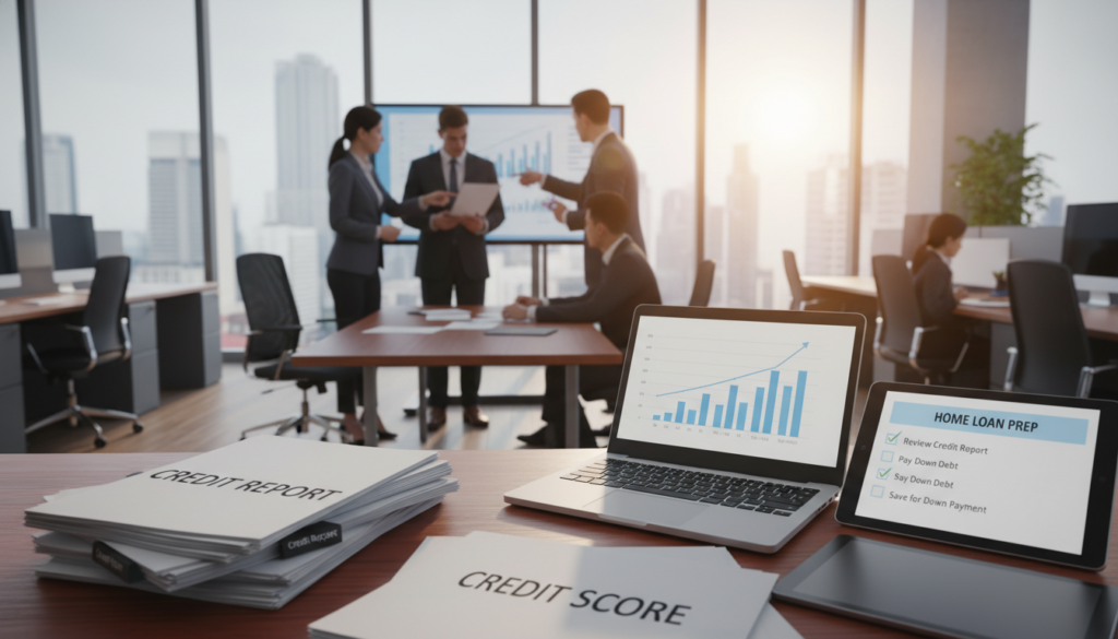 A detailed visual representation of credit history in a professional setting. In the foreground, a polished wooden desk holds a stack of documents labeled "Credit Report" and "Credit Score" alongside a laptop displaying graphs and figures. A digital tablet shows a checklist of financial preparations for a home loan. In the middle ground, a diverse group of individuals in business attire are engaged in discussion, analyzing their financial data. In the background, a softly lit office with large windows allows natural light to filter in, creating a warm and focused atmosphere. The scene conveys a sense of professionalism and seriousness, ideal for understanding the importance of preparing finances for mortgage approval. A detailed visual representation of credit history in a professional setting. In the foreground, a polished wooden desk holds a stack of documents labeled "Credit Report" and "Credit Score" alongside a laptop displaying graphs and figures. A digital tablet shows a checklist of financial preparations for a home loan. In the middle ground, a diverse group of individuals in business attire are engaged in discussion, analyzing their financial data. In the background, a softly lit office with large windows allows natural light to filter in, creating a warm and focused atmosphere. The scene conveys a sense of professionalism and seriousness, ideal for understanding the importance of preparing finances for mortgage approval.