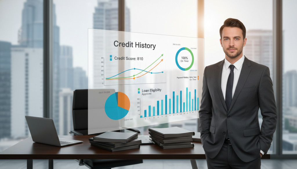 A detailed visualization of a credit history concept. In the foreground, a confident business professional in a tailored suit stands beside a large digital screen displaying colorful graphs and charts representing credit scores, payment history, and loan eligibility data. The middle layer features a sleek, modern office setting with a large desk cluttered with financial reports and a laptop. The background includes a panoramic city view from a high-rise window, illuminated by soft, natural light filtering in, creating a bright and optimistic atmosphere. Shot with a 35mm lens to capture clarity and depth of field, emphasizing the importance of financial literacy in achieving loan approval. The mood is professional yet inviting, showcasing the significance of maintaining a good credit history. A detailed visualization of a credit history concept. In the foreground, a confident business professional in a tailored suit stands beside a large digital screen displaying colorful graphs and charts representing credit scores, payment history, and loan eligibility data. The middle layer features a sleek, modern office setting with a large desk cluttered with financial reports and a laptop. The background includes a panoramic city view from a high-rise window, illuminated by soft, natural light filtering in, creating a bright and optimistic atmosphere. Shot with a 35mm lens to capture clarity and depth of field, emphasizing the importance of financial literacy in achieving loan approval. The mood is professional yet inviting, showcasing the significance of maintaining a good credit history.