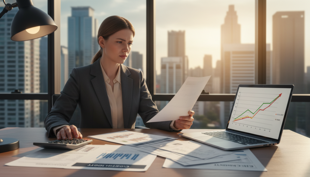 A detailed visualization of "credit history," showcasing a professional office environment. In the foreground, a sleek, wooden desk cluttered with financial documents, including credit reports and a calculator, set under soft, warm lighting. To the right, a laptop screen displaying a vivid graph showing credit score trends. In the middle ground, a confident professional woman in a business suit is reviewing her financial documents, with a focused expression, emphasizing the importance of understanding credit history. In the background, a large window reveals a bustling cityscape, bathed in golden sunlight, symbolizing opportunity and financial growth. The atmosphere is serious yet hopeful, conveying the significance of maintaining a strong credit history. A detailed visualization of "credit history," showcasing a professional office environment. In the foreground, a sleek, wooden desk cluttered with financial documents, including credit reports and a calculator, set under soft, warm lighting. To the right, a laptop screen displaying a vivid graph showing credit score trends. In the middle ground, a confident professional woman in a business suit is reviewing her financial documents, with a focused expression, emphasizing the importance of understanding credit history. In the background, a large window reveals a bustling cityscape, bathed in golden sunlight, symbolizing opportunity and financial growth. The atmosphere is serious yet hopeful, conveying the significance of maintaining a strong credit history.