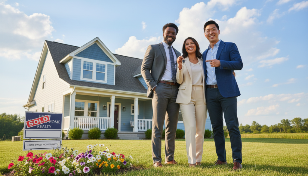 A diverse group of three first-time homebuyers stands proudly in front of a charming, modest single-family home, showcasing a mix of emotions like excitement and relief. The foreground features the individuals, two men and one woman, dressed in professional business attire with bright, hopeful expressions. In the middle ground, a well-kept lawn adorned with blooming flowers and a "For Sale" sign symbolizes new beginnings. The background showcases a clear blue sky, with fluffy clouds, adding to the atmosphere of opportunity and optimism. Soft, natural lighting enhances the scene, creating a warm and inviting ambiance, captured at a slight low angle to emphasize the home’s welcoming features, while maintaining a professional vibe. A diverse group of three first-time homebuyers stands proudly in front of a charming, modest single-family home, showcasing a mix of emotions like excitement and relief. The foreground features the individuals, two men and one woman, dressed in professional business attire with bright, hopeful expressions. In the middle ground, a well-kept lawn adorned with blooming flowers and a "For Sale" sign symbolizes new beginnings. The background showcases a clear blue sky, with fluffy clouds, adding to the atmosphere of opportunity and optimism. Soft, natural lighting enhances the scene, creating a warm and inviting ambiance, captured at a slight low angle to emphasize the home’s welcoming features, while maintaining a professional vibe.