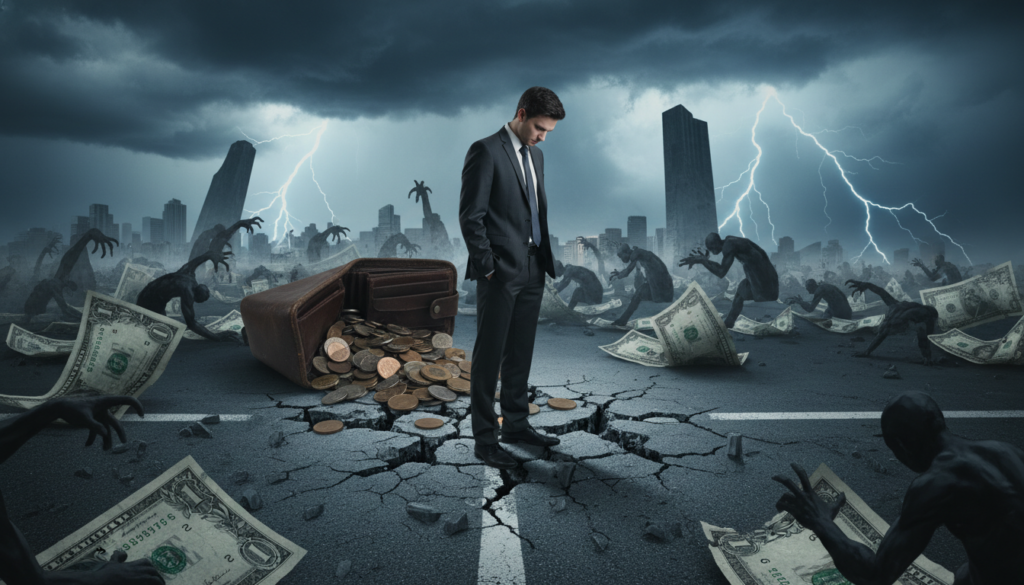 A dramatic visual representation of the hidden costs of carrying long-term debt. In the foreground, a person in professional business attire stands at a crossroads, looking contemplative, surrounded by oversized, crumbling dollar bills to symbolize financial burden. The middle ground features a darkened wallet spilling coins and bills, surrounded by shadowy figures representing stress and anxiety. The background showcases a city skyline under a stormy sky, with looming clouds and distant lightning to reflect the looming threats of debt. The lighting is moody and dramatic, with highlights accentuating the person's thoughtful expression and the glint of the coins. The atmosphere evokes a sense of tension and foreboding, capturing the weight of financial responsibility. A dramatic visual representation of the hidden costs of carrying long-term debt. In the foreground, a person in professional business attire stands at a crossroads, looking contemplative, surrounded by oversized, crumbling dollar bills to symbolize financial burden. The middle ground features a darkened wallet spilling coins and bills, surrounded by shadowy figures representing stress and anxiety. The background showcases a city skyline under a stormy sky, with looming clouds and distant lightning to reflect the looming threats of debt. The lighting is moody and dramatic, with highlights accentuating the person's thoughtful expression and the glint of the coins. The atmosphere evokes a sense of tension and foreboding, capturing the weight of financial responsibility.