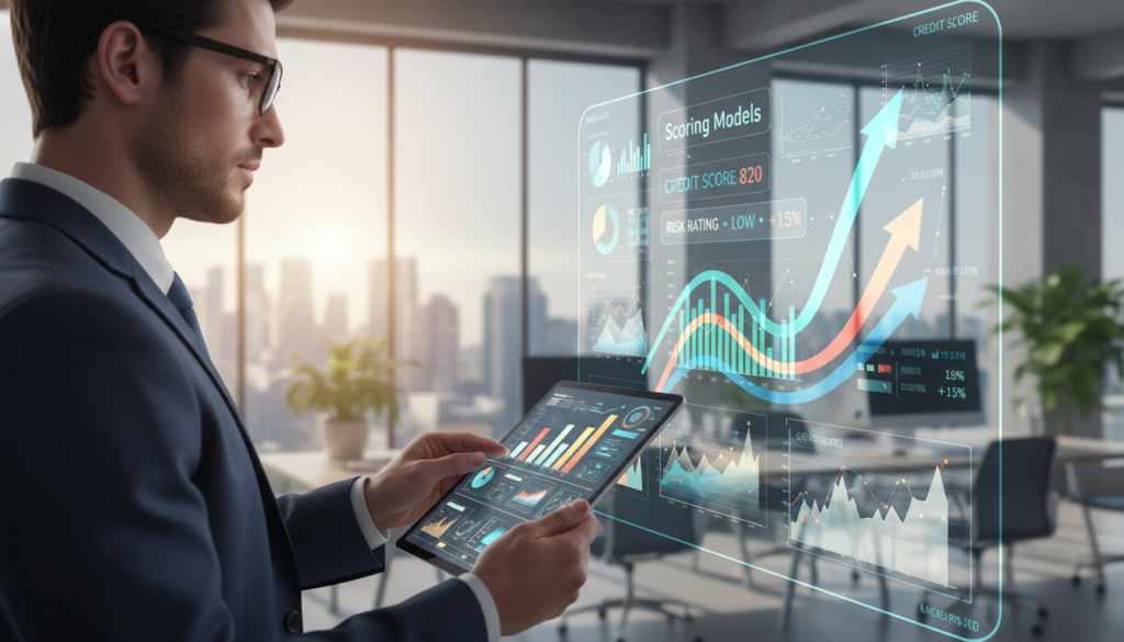 A dynamic and detailed illustration showcasing the concept of "scoring models calculate." In the foreground, a professional individual in business attire is analyzing colorful graphs and numerical data on a sleek, high-tech tablet. In the middle ground, a large digital display shows various scoring metrics, like credit scores and statistical charts, with arrows indicating growth and decline. The background features a modern office setting with large windows revealing a bright, sunny day, creating an inviting atmosphere. Soft, natural lighting enhances the scene, while a shallow depth of field draws attention to the individual and the tablet. The overall mood is focused and professional, highlighting the importance of credit scoring in achieving financial goals. A dynamic and detailed illustration showcasing the concept of "scoring models calculate." In the foreground, a professional individual in business attire is analyzing colorful graphs and numerical data on a sleek, high-tech tablet. In the middle ground, a large digital display shows various scoring metrics, like credit scores and statistical charts, with arrows indicating growth and decline. The background features a modern office setting with large windows revealing a bright, sunny day, creating an inviting atmosphere. Soft, natural lighting enhances the scene, while a shallow depth of field draws attention to the individual and the tablet. The overall mood is focused and professional, highlighting the importance of credit scoring in achieving financial goals.