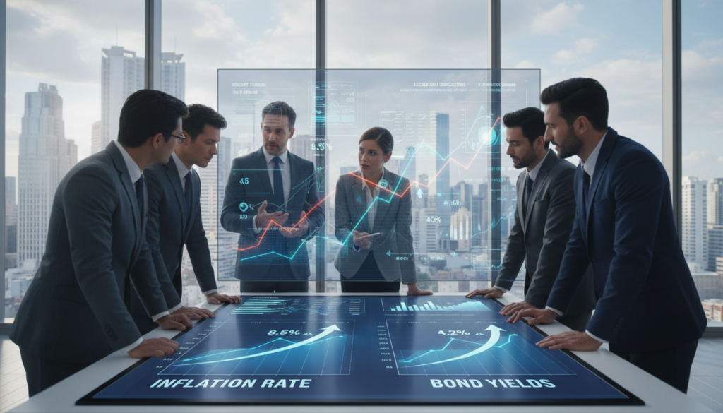 A dynamic and informative visualization of inflation and bond yields, set in an office environment. In the foreground, a diverse group of professionals in business attire engage in discussion around a digital display showing upward trends in inflation rates and bond yield graphs. In the middle, a large, transparent screen displays financial data, with graphs and charts illustrating rising inflation and bond yields. The background features a sleek city skyline through a glass window, symbolizing economic growth. Employ a cool color palette with bright accents, emphasizing a serious yet optimistic atmosphere. Use soft natural lighting to create an inviting and professional mood, shot from a slightly low angle to convey importance and impact. A dynamic and informative visualization of inflation and bond yields, set in an office environment. In the foreground, a diverse group of professionals in business attire engage in discussion around a digital display showing upward trends in inflation rates and bond yield graphs. In the middle, a large, transparent screen displays financial data, with graphs and charts illustrating rising inflation and bond yields. The background features a sleek city skyline through a glass window, symbolizing economic growth. Employ a cool color palette with bright accents, emphasizing a serious yet optimistic atmosphere. Use soft natural lighting to create an inviting and professional mood, shot from a slightly low angle to convey importance and impact.
