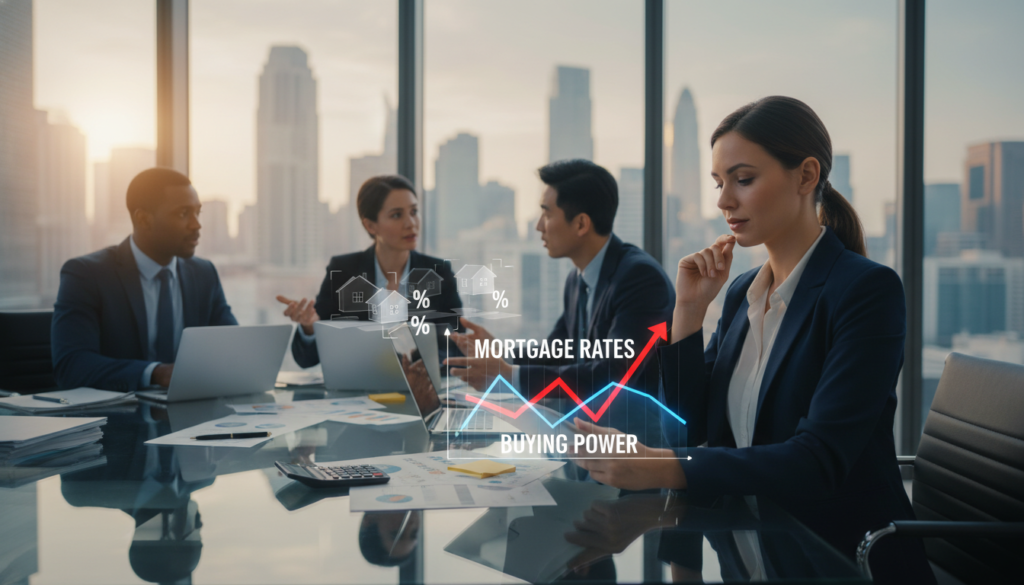A dynamic illustration of "mortgage rates buying power" set in a modern office environment. In the foreground, depict a professional woman in business attire analyzing charts on a digital tablet, showcasing rising mortgage rates represented as an upward graph. In the middle ground, include a diverse group of professionals discussing home price impacts, surrounded by documents and financial tools, symbolizing collaboration. The background features a city skyline through large windows, with soft natural light illuminating the scene, creating a hopeful atmosphere. Use a shallow depth of field to focus on the subject while subtly blurring the background. Aim for a balanced composition that conveys the importance of mortgage rates and their effect on home buying power. A dynamic illustration of "mortgage rates buying power" set in a modern office environment. In the foreground, depict a professional woman in business attire analyzing charts on a digital tablet, showcasing rising mortgage rates represented as an upward graph. In the middle ground, include a diverse group of professionals discussing home price impacts, surrounded by documents and financial tools, symbolizing collaboration. The background features a city skyline through large windows, with soft natural light illuminating the scene, creating a hopeful atmosphere. Use a shallow depth of field to focus on the subject while subtly blurring the background. Aim for a balanced composition that conveys the importance of mortgage rates and their effect on home buying power.