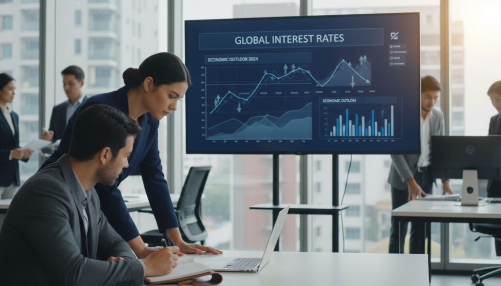 A dynamic office scene depicting a diverse group of professionals analyzing data about interest rates and the economy. In the foreground, a woman in a navy blazer is intently looking at financial graphs on a laptop. Beside her, a man in a gray suit writes notes on a notepad. In the middle ground, a large screen displays fluctuating interest rate charts, with arrows indicating trends. The background features a modern office with large windows, allowing natural light to spill in, creating a bright and optimistic atmosphere. The scene is organized with a slight depth of field, focusing on the professionals while softly blurring the background. The mood is collaborative and focused, highlighting the importance of understanding interest rates in economic contexts. A dynamic office scene depicting a diverse group of professionals analyzing data about interest rates and the economy. In the foreground, a woman in a navy blazer is intently looking at financial graphs on a laptop. Beside her, a man in a gray suit writes notes on a notepad. In the middle ground, a large screen displays fluctuating interest rate charts, with arrows indicating trends. The background features a modern office with large windows, allowing natural light to spill in, creating a bright and optimistic atmosphere. The scene is organized with a slight depth of field, focusing on the professionals while softly blurring the background. The mood is collaborative and focused, highlighting the importance of understanding interest rates in economic contexts.