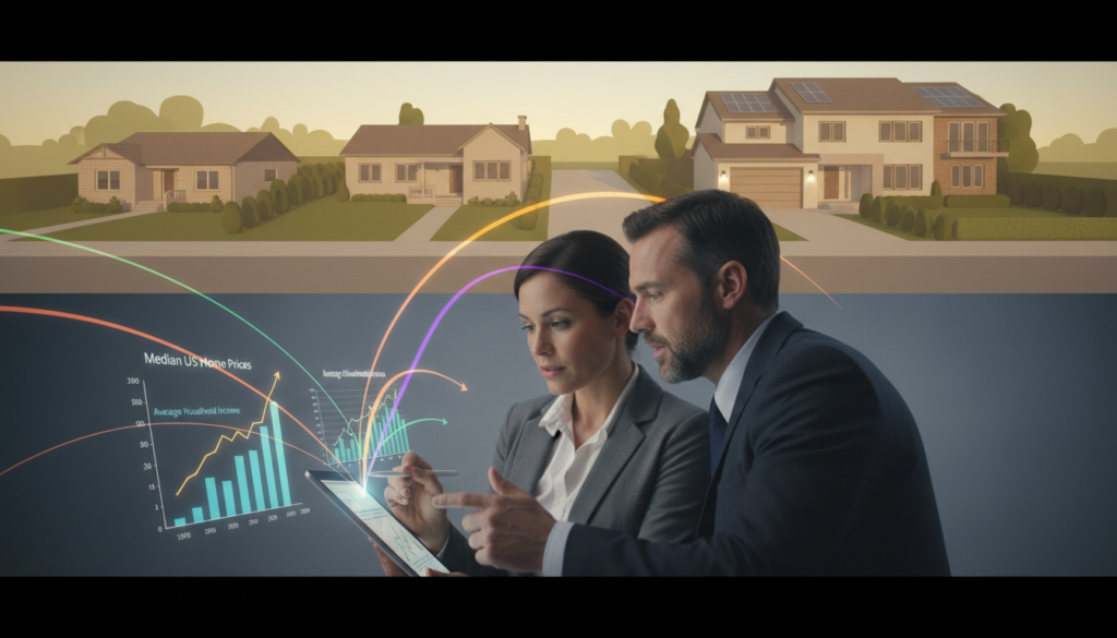 A dynamic split-screen illustration showcasing the historical relationship between income and home prices in the USA. In the foreground, a professional couple, dressed in business attire, stands analyzing graphs and charts on a sleek digital tablet, conveying a sense of focus and determination. The middle layer features a montage of line graphs and bar graphs depicting rising home prices alongside increasing income levels, with vibrant colors to highlight the data. In the background, a suburban neighborhood with diverse homes, contrasting modest and upscale properties to represent varied housing markets. The scene is softly lit, suggesting a hopeful evening glow, with a perspective angle that guides the viewer's eye from the couple's analysis to the broader context of housing trends. A dynamic split-screen illustration showcasing the historical relationship between income and home prices in the USA. In the foreground, a professional couple, dressed in business attire, stands analyzing graphs and charts on a sleek digital tablet, conveying a sense of focus and determination. The middle layer features a montage of line graphs and bar graphs depicting rising home prices alongside increasing income levels, with vibrant colors to highlight the data. In the background, a suburban neighborhood with diverse homes, contrasting modest and upscale properties to represent varied housing markets. The scene is softly lit, suggesting a hopeful evening glow, with a perspective angle that guides the viewer's eye from the couple's analysis to the broader context of housing trends.