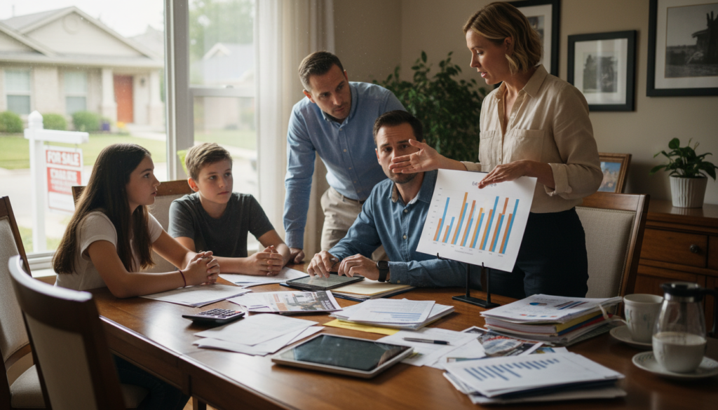A family sitting around a dining table cluttered with papers, a calculator, and a laptop, engaged in a serious discussion about their home selling plans. The mother, dressed in a smart casual outfit, gestures towards a colorful chart, while the father, in business casual attire, reviews notes. Two children sit quietly, observing the adult conversation. The room is warmly lit with natural light streaming through a window, highlighting a well-decorated interior. In the background, a "For Sale" sign can be seen through the window, emphasizing the theme of home selling readiness. The atmosphere is focused and contemplative, portraying the seriousness and importance of the decision they're making. A family sitting around a dining table cluttered with papers, a calculator, and a laptop, engaged in a serious discussion about their home selling plans. The mother, dressed in a smart casual outfit, gestures towards a colorful chart, while the father, in business casual attire, reviews notes. Two children sit quietly, observing the adult conversation. The room is warmly lit with natural light streaming through a window, highlighting a well-decorated interior. In the background, a "For Sale" sign can be seen through the window, emphasizing the theme of home selling readiness. The atmosphere is focused and contemplative, portraying the seriousness and importance of the decision they're making.