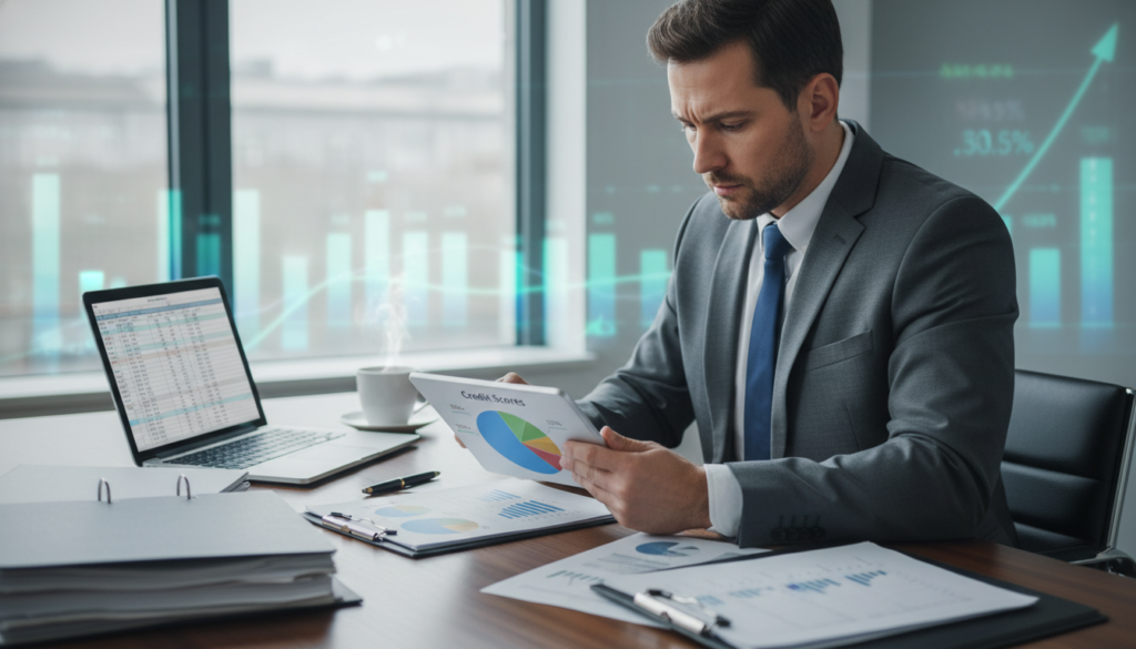 A focused scene depicting a professional banker evaluating credit risk, seated at a sleek, modern desk piled with financial documents and a laptop. In the foreground, the banker, wearing a tailored business suit, scrutinizes a colorful pie chart displaying credit scores. The middle ground features a large window allowing soft, diffused daylight to stream in, illuminating the workspace and creating a calm atmosphere. In the background, abstract representations of graphs and financial metrics subtly fade into a tasteful blur, emphasizing the analytical environment. The overall mood conveys seriousness and professionalism, enhancing the theme of credit evaluation. Use a high-resolution lens to capture intricate details and textures, ensuring a clear depiction of the elements involved in assessing credit risk. A focused scene depicting a professional banker evaluating credit risk, seated at a sleek, modern desk piled with financial documents and a laptop. In the foreground, the banker, wearing a tailored business suit, scrutinizes a colorful pie chart displaying credit scores. The middle ground features a large window allowing soft, diffused daylight to stream in, illuminating the workspace and creating a calm atmosphere. In the background, abstract representations of graphs and financial metrics subtly fade into a tasteful blur, emphasizing the analytical environment. The overall mood conveys seriousness and professionalism, enhancing the theme of credit evaluation. Use a high-resolution lens to capture intricate details and textures, ensuring a clear depiction of the elements involved in assessing credit risk.