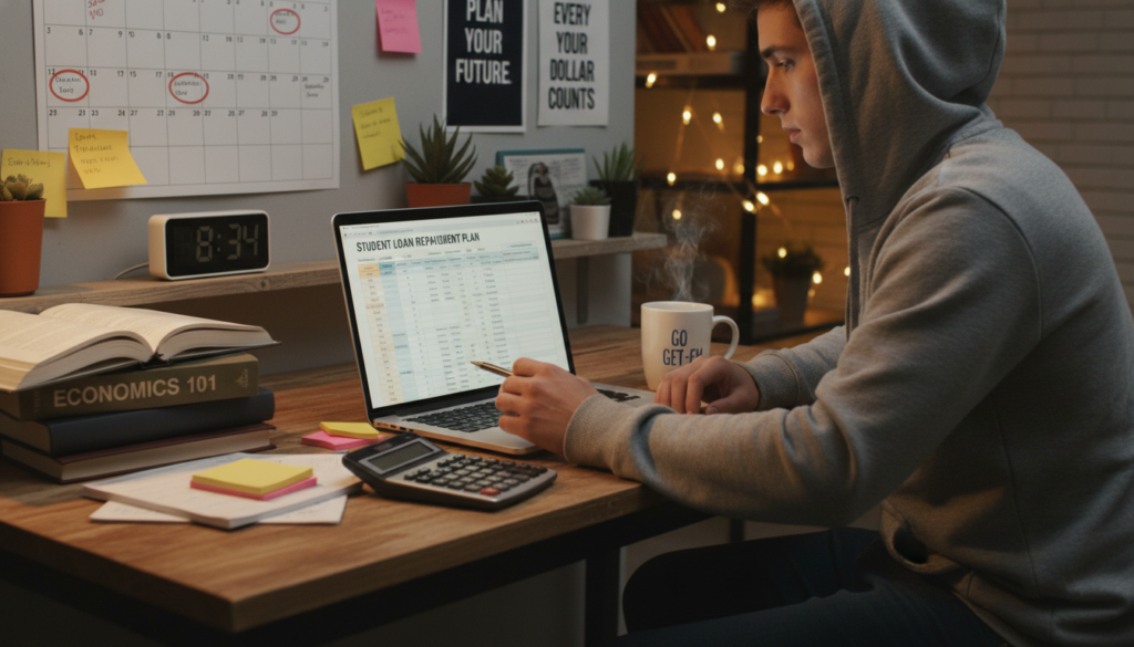 A focused study space highlighting a college student seated at a wooden desk, reviewing a detailed budget plan on a laptop, surrounded by textbooks and notes. In the foreground, a calculator and a coffee mug emphasize a productive environment. In the middle, a wall calendar displays repayment milestones, and a digital clock shows time management is key. The background features soft-lit shelves with potted plants and motivational posters offering encouragement. The lighting is warm and inviting, with a gentle glow illuminating the study area. The mood is calm yet determined, reflecting an atmosphere of strategy and responsibility in managing student loans effectively. The student wears smart casual attire, looking thoughtfully engaged in their financial planning. A focused study space highlighting a college student seated at a wooden desk, reviewing a detailed budget plan on a laptop, surrounded by textbooks and notes. In the foreground, a calculator and a coffee mug emphasize a productive environment. In the middle, a wall calendar displays repayment milestones, and a digital clock shows time management is key. The background features soft-lit shelves with potted plants and motivational posters offering encouragement. The lighting is warm and inviting, with a gentle glow illuminating the study area. The mood is calm yet determined, reflecting an atmosphere of strategy and responsibility in managing student loans effectively. The student wears smart casual attire, looking thoughtfully engaged in their financial planning.