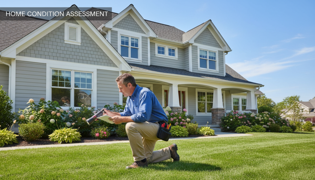 A home condition assessment scene featuring a professional home inspector examining a well-maintained property. In the foreground, the inspector, dressed in smart casual attire, is checking the foundation with a clipboard and a flashlight. The middle ground shows the exterior of a charming suburban house with a vibrant garden and well-kept lawn, highlighting details such as the roof, windows, and siding. In the background, a clear blue sky enhances the feeling of a bright day, casting soft, natural light on the scene. The overall mood is focused and professional, conveying diligence and attention to detail, emphasizing the importance of assessing a property's condition before selling. A home condition assessment scene featuring a professional home inspector examining a well-maintained property. In the foreground, the inspector, dressed in smart casual attire, is checking the foundation with a clipboard and a flashlight. The middle ground shows the exterior of a charming suburban house with a vibrant garden and well-kept lawn, highlighting details such as the roof, windows, and siding. In the background, a clear blue sky enhances the feeling of a bright day, casting soft, natural light on the scene. The overall mood is focused and professional, conveying diligence and attention to detail, emphasizing the importance of assessing a property's condition before selling.