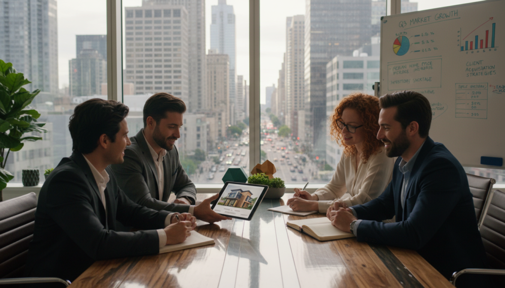 A lively real estate office scene, with a diverse group of four professionals engaged in discussion at a modern conference table in the foreground. One person is pointing at a digital tablet showing a property listing, while another takes notes. In the middle, large windows reveal a vibrant city skyline bustling with activity. The background features a whiteboard filled with market data, statistics, and colorful charts about housing trends, all well-lit with soft natural light streaming in. The atmosphere is collaborative and optimistic, with plants and stylish decor enhancing the modern workspace. The entire composition should reflect a professional environment conducive to teamwork, epitomizing key players in the real estate ecosystem. A lively real estate office scene, with a diverse group of four professionals engaged in discussion at a modern conference table in the foreground. One person is pointing at a digital tablet showing a property listing, while another takes notes. In the middle, large windows reveal a vibrant city skyline bustling with activity. The background features a whiteboard filled with market data, statistics, and colorful charts about housing trends, all well-lit with soft natural light streaming in. The atmosphere is collaborative and optimistic, with plants and stylish decor enhancing the modern workspace. The entire composition should reflect a professional environment conducive to teamwork, epitomizing key players in the real estate ecosystem.