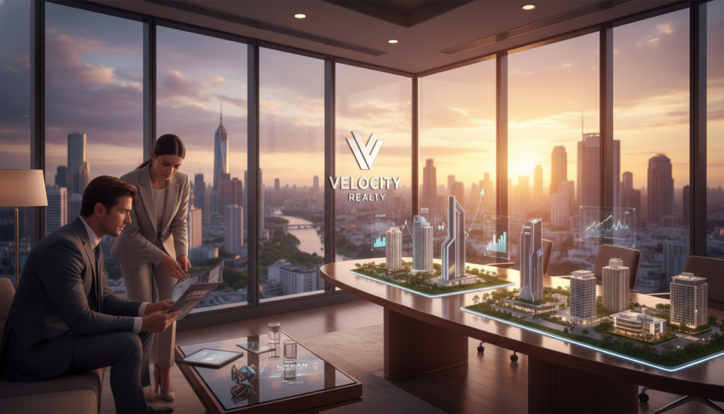 A luxurious urban real estate office, showcasing a sleek modern design with large glass windows reflecting the skyline. In the foreground, a well-dressed professional couple examines a property brochure while considering investment options. The middle ground features a polished conference table adorned with miniature models of high-end properties and financial charts. In the background, a panoramic view of a vibrant city skyline at sunset, accentuating the ideas of opportunity and growth. Soft, warm lighting filters through the office, creating an inviting atmosphere, while the focal point is sharp and clear, capturing the essence of strategic investment in real estate wealth. The overall mood is optimistic and professional, embodying the excitement of future possibilities in property investment. A luxurious urban real estate office, showcasing a sleek modern design with large glass windows reflecting the skyline. In the foreground, a well-dressed professional couple examines a property brochure while considering investment options. The middle ground features a polished conference table adorned with miniature models of high-end properties and financial charts. In the background, a panoramic view of a vibrant city skyline at sunset, accentuating the ideas of opportunity and growth. Soft, warm lighting filters through the office, creating an inviting atmosphere, while the focal point is sharp and clear, capturing the essence of strategic investment in real estate wealth. The overall mood is optimistic and professional, embodying the excitement of future possibilities in property investment.