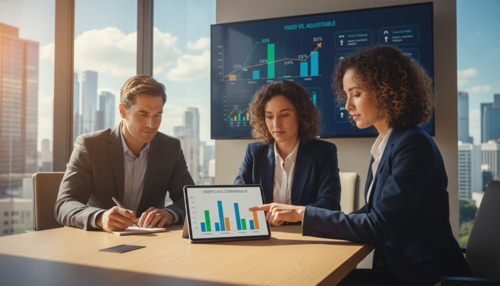 A modern and inviting office setting featuring a diverse group of three professionals engaged in a discussion about mortgage rates. In the foreground, a confident woman in business attire points to a digital tablet displaying mortgage comparison graphs, while a man in a suit takes notes. The middle ground reveals a large screen showcasing fluctuating interest rates and mortgage types. The background includes a large window with a view of a city skyline during the day, allowing natural light to illuminate the scene, creating a bright and optimistic atmosphere. The colors are warm and inviting, conveying a sense of collaboration and professionalism. Aim for a slightly high-angle perspective to capture the interaction effectively. A modern and inviting office setting featuring a diverse group of three professionals engaged in a discussion about mortgage rates. In the foreground, a confident woman in business attire points to a digital tablet displaying mortgage comparison graphs, while a man in a suit takes notes. The middle ground reveals a large screen showcasing fluctuating interest rates and mortgage types. The background includes a large window with a view of a city skyline during the day, allowing natural light to illuminate the scene, creating a bright and optimistic atmosphere. The colors are warm and inviting, conveying a sense of collaboration and professionalism. Aim for a slightly high-angle perspective to capture the interaction effectively.