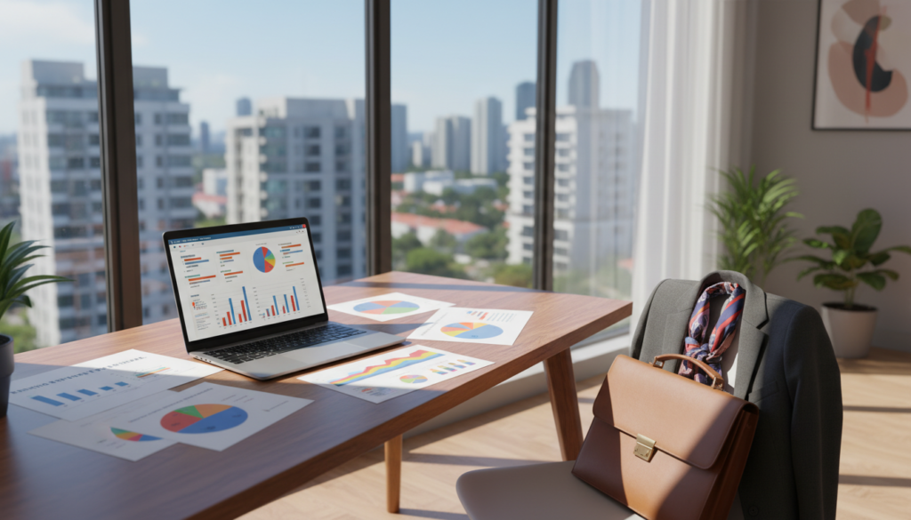 A modern and inviting rental property guide scene showcasing a well-organized workspace. In the foreground, a neatly arranged desk features a laptop open to a detailed rental property report, surrounded by a few colorful charts and graphs. Beside it, a set of professional business attire—such as a tailored blazer and a stylish briefcase—adds a touch of professionalism. In the middle ground, a large window allows natural sunlight to flood the area, casting warm, inviting shadows across the desk. The background showcases a blurred view of a vibrant city skyline, hinting at multiple rental opportunities. The overall atmosphere is one of clarity and professionalism, emphasizing investment knowledge and guidance in the rental property market. Bright lighting enhances the mood, promoting a sense of optimism and potential. A modern and inviting rental property guide scene showcasing a well-organized workspace. In the foreground, a neatly arranged desk features a laptop open to a detailed rental property report, surrounded by a few colorful charts and graphs. Beside it, a set of professional business attire—such as a tailored blazer and a stylish briefcase—adds a touch of professionalism. In the middle ground, a large window allows natural sunlight to flood the area, casting warm, inviting shadows across the desk. The background showcases a blurred view of a vibrant city skyline, hinting at multiple rental opportunities. The overall atmosphere is one of clarity and professionalism, emphasizing investment knowledge and guidance in the rental property market. Bright lighting enhances the mood, promoting a sense of optimism and potential.