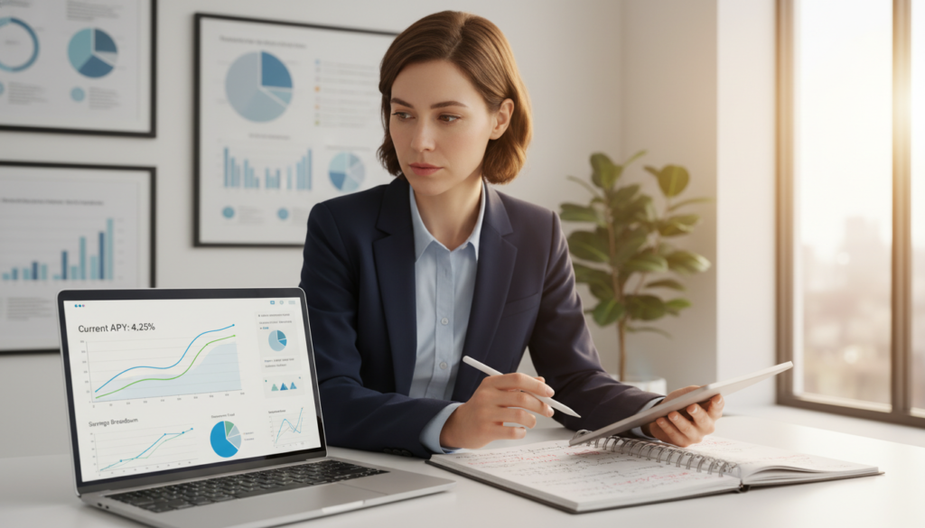 A modern banking office scene, foreground featuring a sleek, open laptop displaying an interactive savings account interface, showcasing graphs of interest rates. In the middle, a professional individual in business attire, a woman with short hair, is intently analyzing the data alongside a notebook filled with calculations. The background displays a well-organized office with financial charts on the walls, a large window letting in warm, natural light, creating an inviting atmosphere. The overall mood is one of focus and productivity, emphasizing the serious yet approachable nature of financial planning. Use a soft focus on the background to highlight the individual and the laptop screen, capturing the essence of understanding interest and savings. A modern banking office scene, foreground featuring a sleek, open laptop displaying an interactive savings account interface, showcasing graphs of interest rates. In the middle, a professional individual in business attire, a woman with short hair, is intently analyzing the data alongside a notebook filled with calculations. The background displays a well-organized office with financial charts on the walls, a large window letting in warm, natural light, creating an inviting atmosphere. The overall mood is one of focus and productivity, emphasizing the serious yet approachable nature of financial planning. Use a soft focus on the background to highlight the individual and the laptop screen, capturing the essence of understanding interest and savings.