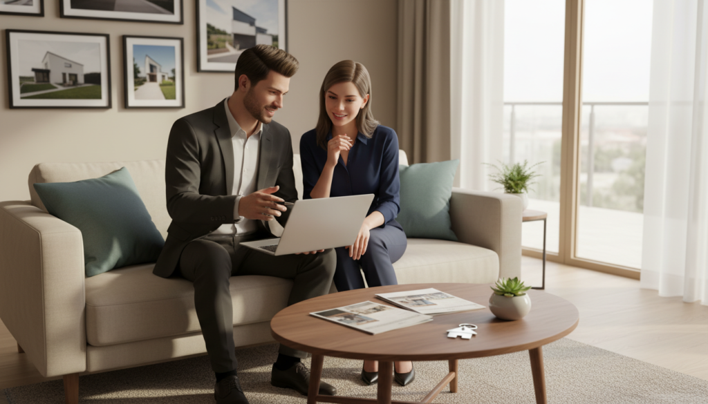 A modern couple stands in the foreground of a cozy, brightly lit living room, discussing their home purchase over a laptop and a small stack of paperwork. They are dressed in professional business attire, showcasing a mix of confidence and excitement. In the middle ground, a tasteful coffee table holds brochures about different houses and a small potted plant, while a keychain with a house key adds a personal touch. The walls are adorned with framed pictures of homes and serene landscapes, creating a welcoming atmosphere. In the background, large windows let in warm, natural light, casting soft shadows and highlighting the inviting space. The overall mood is optimistic and encouraging, embodying the journey of modern buyers navigating the down payment process. A modern couple stands in the foreground of a cozy, brightly lit living room, discussing their home purchase over a laptop and a small stack of paperwork. They are dressed in professional business attire, showcasing a mix of confidence and excitement. In the middle ground, a tasteful coffee table holds brochures about different houses and a small potted plant, while a keychain with a house key adds a personal touch. The walls are adorned with framed pictures of homes and serene landscapes, creating a welcoming atmosphere. In the background, large windows let in warm, natural light, casting soft shadows and highlighting the inviting space. The overall mood is optimistic and encouraging, embodying the journey of modern buyers navigating the down payment process.