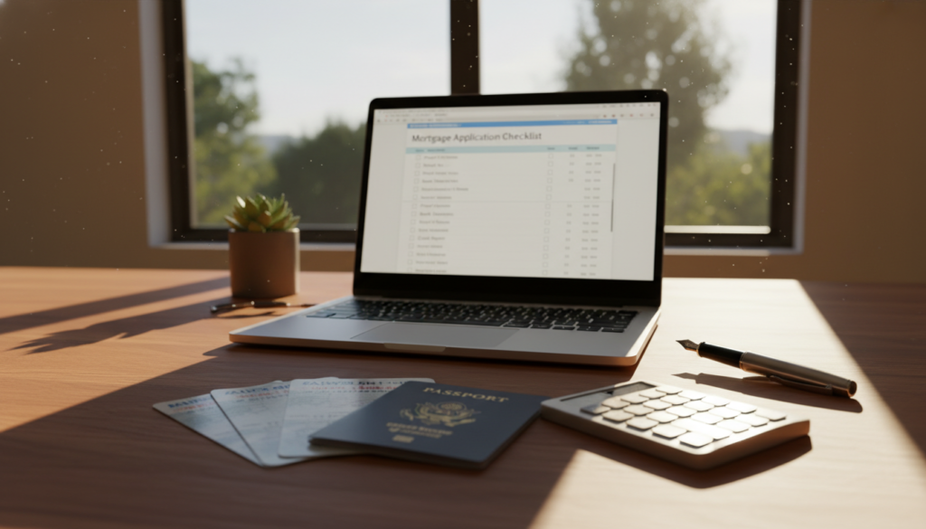 A modern desk setting prominently features essential identification documents for mortgage applications, including a driver's license, a passport, and a bank statement. In the foreground, these documents are neatly arranged on a wooden surface, with a stylish pen and a calculator beside them. The middle ground includes a laptop displaying a mortgage checklist, with a soft glow emanating from the screen, suggesting an inviting workspace. In the background, a window lets in natural sunlight, casting gentle shadows and creating a warm, professional atmosphere. Use a warm color palette with soft lighting to enhance the mood of focus and productivity, capturing the essence of preparation and organization. The scene conveys a sense of clarity and readiness, crucial for navigating mortgage documentation. A modern desk setting prominently features essential identification documents for mortgage applications, including a driver's license, a passport, and a bank statement. In the foreground, these documents are neatly arranged on a wooden surface, with a stylish pen and a calculator beside them. The middle ground includes a laptop displaying a mortgage checklist, with a soft glow emanating from the screen, suggesting an inviting workspace. In the background, a window lets in natural sunlight, casting gentle shadows and creating a warm, professional atmosphere. Use a warm color palette with soft lighting to enhance the mood of focus and productivity, capturing the essence of preparation and organization. The scene conveys a sense of clarity and readiness, crucial for navigating mortgage documentation.