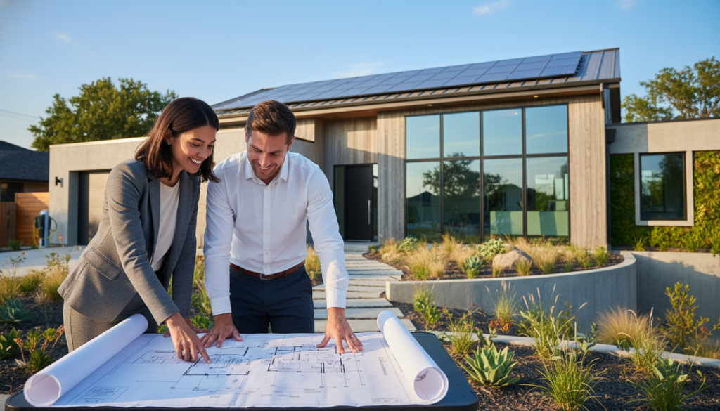A modern, energy-efficient new construction home situated in a suburban neighborhood, showcasing large windows, solar panels on the roof, and a lush, environmentally friendly landscape. In the foreground, a professionally dressed couple examines architectural plans, highlighting their excitement about their potential new home. The middle ground features the sleek exterior of the house, emphasizing eco-friendly materials with a stylish yet practical design. The background displays a clear blue sky and greenery, creating a harmonious atmosphere. Soft, natural lighting enhances the scene, simulating a bright afternoon, with a slight depth of field to focus on the couple and the house details. The overall mood reflects optimism and forward-thinking, perfect for potential homeowners considering new construction. A modern, energy-efficient new construction home situated in a suburban neighborhood, showcasing large windows, solar panels on the roof, and a lush, environmentally friendly landscape. In the foreground, a professionally dressed couple examines architectural plans, highlighting their excitement about their potential new home. The middle ground features the sleek exterior of the house, emphasizing eco-friendly materials with a stylish yet practical design. The background displays a clear blue sky and greenery, creating a harmonious atmosphere. Soft, natural lighting enhances the scene, simulating a bright afternoon, with a slight depth of field to focus on the couple and the house details. The overall mood reflects optimism and forward-thinking, perfect for potential homeowners considering new construction.