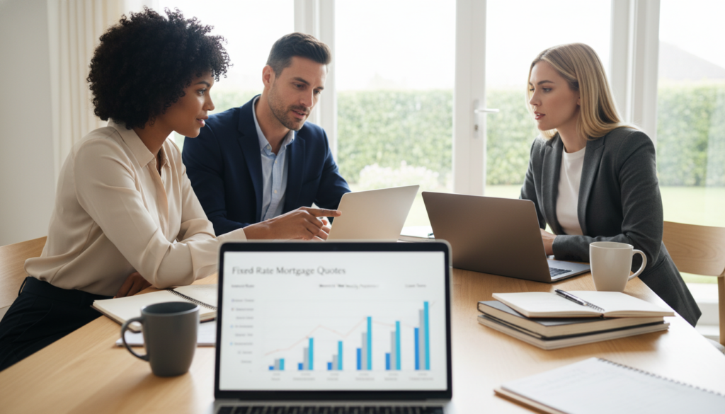 A modern home office scene with a diverse group of three professionals—one man and two women—sitting around a sleek wooden table, each with laptops open, reviewing documents and loan quotes together. The foreground focuses on a laptop screen displaying mortgage comparison charts and figures in clear view. In the middle ground, a stylish coffee mug and notepads are scattered, symbolizing a collaborative atmosphere. The background features a bright window with natural sunlight pouring in, adding warmth to the room. Use soft, diffused lighting to create a professional yet inviting ambiance, emphasizing teamwork and focus. The individuals are dressed in business attire, exuding professionalism and commitment to finding the best mortgage rates. A modern home office scene with a diverse group of three professionals—one man and two women—sitting around a sleek wooden table, each with laptops open, reviewing documents and loan quotes together. The foreground focuses on a laptop screen displaying mortgage comparison charts and figures in clear view. In the middle ground, a stylish coffee mug and notepads are scattered, symbolizing a collaborative atmosphere. The background features a bright window with natural sunlight pouring in, adding warmth to the room. Use soft, diffused lighting to create a professional yet inviting ambiance, emphasizing teamwork and focus. The individuals are dressed in business attire, exuding professionalism and commitment to finding the best mortgage rates.