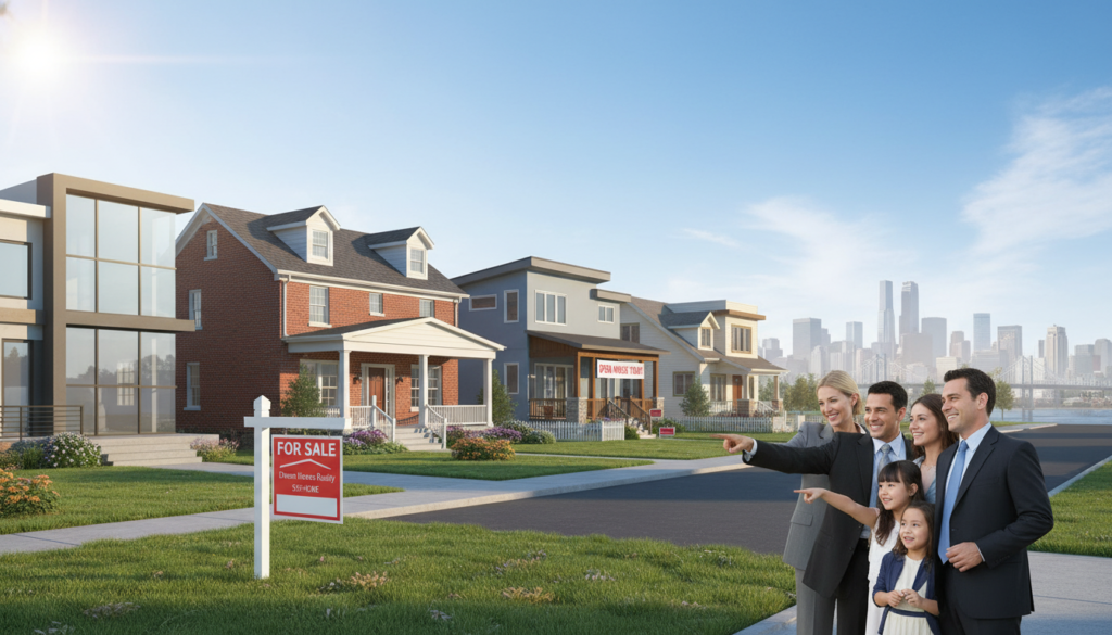 A modern, inviting street lined with various homes for sale, showcasing a mix of architectural styles such as contemporary, colonial, and craftsman. In the foreground, a cheerful family dressed in professional business attire examines a "For Sale" sign in front of a charming house. The middle ground features several attractive houses with well-maintained gardens, displaying "Open House" signs. A clear blue sky with soft, warm sunlight illuminates the scene, casting gentle shadows that add depth. In the background, a subtle hint of a bustling city skyline can be seen, underscoring the community aspect. The overall atmosphere is optimistic and engaging, conveying a sense of excitement about finding the perfect home. A modern, inviting street lined with various homes for sale, showcasing a mix of architectural styles such as contemporary, colonial, and craftsman. In the foreground, a cheerful family dressed in professional business attire examines a "For Sale" sign in front of a charming house. The middle ground features several attractive houses with well-maintained gardens, displaying "Open House" signs. A clear blue sky with soft, warm sunlight illuminates the scene, casting gentle shadows that add depth. In the background, a subtle hint of a bustling city skyline can be seen, underscoring the community aspect. The overall atmosphere is optimistic and engaging, conveying a sense of excitement about finding the perfect home.