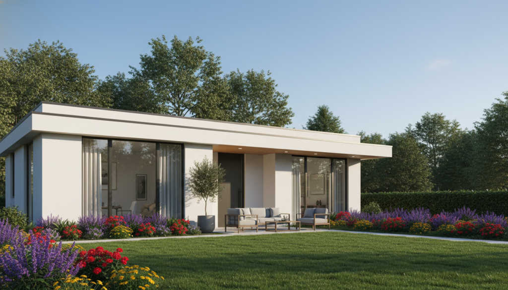 A modern new construction home, showcasing sleek architectural lines and large windows, nestled in a vibrant suburban neighborhood. In the foreground, the lush green lawn is freshly mowed, with flower beds framing the entrance. The middle ground features the inviting front porch, tastefully decorated with modern outdoor furniture. In the background, a backdrop of peaceful trees and a clear blue sky enhances the feeling of tranquility. The lighting is warm, suggesting early afternoon, casting soft shadows that provide depth. The image should evoke a sense of optimism and confidence in home-buying, capturing the essence of contemporary living. The scene is devoid of people, allowing the home’s design to take center stage, with no distractions or overlays present. A modern new construction home, showcasing sleek architectural lines and large windows, nestled in a vibrant suburban neighborhood. In the foreground, the lush green lawn is freshly mowed, with flower beds framing the entrance. The middle ground features the inviting front porch, tastefully decorated with modern outdoor furniture. In the background, a backdrop of peaceful trees and a clear blue sky enhances the feeling of tranquility. The lighting is warm, suggesting early afternoon, casting soft shadows that provide depth. The image should evoke a sense of optimism and confidence in home-buying, capturing the essence of contemporary living. The scene is devoid of people, allowing the home’s design to take center stage, with no distractions or overlays present.