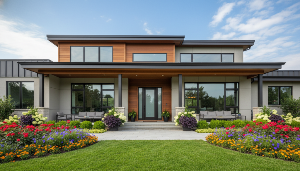 A modern new construction home showcasing sleek architecture and a welcoming facade, featuring large windows and a spacious front porch adorned with tasteful landscaping. In the foreground, a well-maintained lawn with colorful flower beds enhances the inviting feel. The middle ground shows the exterior detail of the home, with high-quality materials and contemporary design elements. The background includes a clear blue sky with a few fluffy clouds, casting soft, natural light on the scene, creating a warm and inviting atmosphere. The camera angle is slightly low, emphasizing the home’s grandeur. The overall mood should be optimistic and encouraging, representing the promise of new beginnings associated with purchasing a new home. No humans are present in the image to maintain focus on the architecture. A modern new construction home showcasing sleek architecture and a welcoming facade, featuring large windows and a spacious front porch adorned with tasteful landscaping. In the foreground, a well-maintained lawn with colorful flower beds enhances the inviting feel. The middle ground shows the exterior detail of the home, with high-quality materials and contemporary design elements. The background includes a clear blue sky with a few fluffy clouds, casting soft, natural light on the scene, creating a warm and inviting atmosphere. The camera angle is slightly low, emphasizing the home’s grandeur. The overall mood should be optimistic and encouraging, representing the promise of new beginnings associated with purchasing a new home. No humans are present in the image to maintain focus on the architecture.