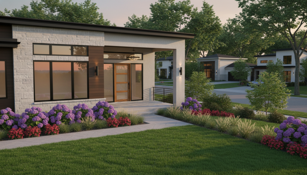A modern new construction home stands proudly in a suburban setting, featuring clean lines and a stylish facade with large windows. In the foreground, a well-manicured lawn surrounds the house, accentuated by vibrant flowers and a neat path leading to the front door. The middle ground showcases the home’s inviting entrance, adorned with a contemporary porch and decorative lighting fixtures. In the background, tree-lined streets provide a sense of community, and the soft glow of late afternoon sunlight casts warm shadows, enhancing the home's architecture. Capture this scene from a slightly elevated angle to showcase the home’s inviting design and surroundings, evoking a mood of comfort, optimism, and contemporary living. The atmosphere should feel bright and welcoming, emphasizing the appeal of modern living spaces. A modern new construction home stands proudly in a suburban setting, featuring clean lines and a stylish facade with large windows. In the foreground, a well-manicured lawn surrounds the house, accentuated by vibrant flowers and a neat path leading to the front door. The middle ground showcases the home’s inviting entrance, adorned with a contemporary porch and decorative lighting fixtures. In the background, tree-lined streets provide a sense of community, and the soft glow of late afternoon sunlight casts warm shadows, enhancing the home's architecture. Capture this scene from a slightly elevated angle to showcase the home’s inviting design and surroundings, evoking a mood of comfort, optimism, and contemporary living. The atmosphere should feel bright and welcoming, emphasizing the appeal of modern living spaces.