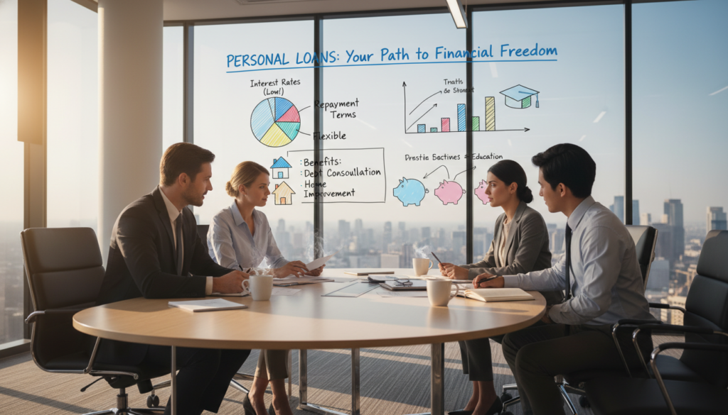 A modern office environment with a professional atmosphere, highlighting the concept of personal loans. In the foreground, a diverse group of three individuals—a man, a woman, and a young adult—are seated around a sleek conference table, engrossed in discussion over financial documents and a laptop, all dressed in business attire. In the middle ground, a large whiteboard displays colorful infographics and charts illustrating key points about personal loans, such as interest rates, repayment terms, and benefits. The background features a large window with sunlight streaming in, creating a bright and inviting ambiance. Use warm, natural lighting to convey accessibility and trust, capturing an air of professionalism and collaboration within the scene. A modern office environment with a professional atmosphere, highlighting the concept of personal loans. In the foreground, a diverse group of three individuals—a man, a woman, and a young adult—are seated around a sleek conference table, engrossed in discussion over financial documents and a laptop, all dressed in business attire. In the middle ground, a large whiteboard displays colorful infographics and charts illustrating key points about personal loans, such as interest rates, repayment terms, and benefits. The background features a large window with sunlight streaming in, creating a bright and inviting ambiance. Use warm, natural lighting to convey accessibility and trust, capturing an air of professionalism and collaboration within the scene.