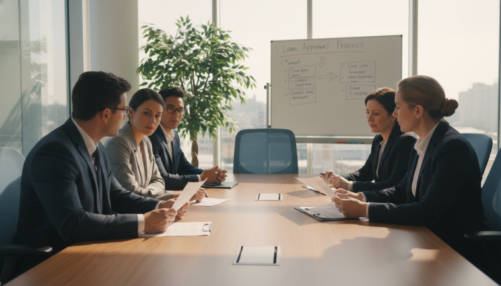 A modern office interior with a large wooden conference table at the center, surrounded by comfortable, professional chairs. In the foreground, a diverse group of professionals in business attire, including a man and woman discussing paperwork, focusing on mortgage documents and calculations. The middle ground features a whiteboard with bullet points outlining the loan approval process, alongside a potted plant for a touch of greenery. In the background, large windows with natural sunlight streaming in, creating a warm and inviting atmosphere. Soft shadows accent the scene, lending a sense of depth, while the overall mood is collaborative and focused, embodying a productive meeting environment. A modern office interior with a large wooden conference table at the center, surrounded by comfortable, professional chairs. In the foreground, a diverse group of professionals in business attire, including a man and woman discussing paperwork, focusing on mortgage documents and calculations. The middle ground features a whiteboard with bullet points outlining the loan approval process, alongside a potted plant for a touch of greenery. In the background, large windows with natural sunlight streaming in, creating a warm and inviting atmosphere. Soft shadows accent the scene, lending a sense of depth, while the overall mood is collaborative and focused, embodying a productive meeting environment.