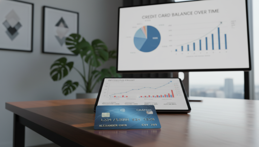 A modern office scene featuring a close-up of a credit card resting on a sleek, polished table with a digital device displaying a credit card balance chart in the background. In the foreground, the credit card should be placed at an angle to highlight its details and design. The middle ground features a laptop or tablet with graphs and figures representing revolving credit, emphasizing current balances and interest rates. The background includes softly blurred office elements, such as potted plants and abstract art, to create a professional atmosphere. The lighting is bright and natural, suggesting a productive work environment, while a shallow depth of field draws focus to the credit card and its financial implications. The mood should evoke clarity and professionalism. A modern office scene featuring a close-up of a credit card resting on a sleek, polished table with a digital device displaying a credit card balance chart in the background. In the foreground, the credit card should be placed at an angle to highlight its details and design. The middle ground features a laptop or tablet with graphs and figures representing revolving credit, emphasizing current balances and interest rates. The background includes softly blurred office elements, such as potted plants and abstract art, to create a professional atmosphere. The lighting is bright and natural, suggesting a productive work environment, while a shallow depth of field draws focus to the credit card and its financial implications. The mood should evoke clarity and professionalism.