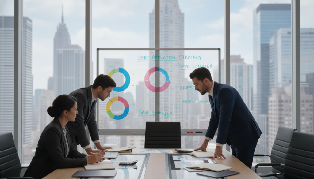 A modern office setting depicting a diverse group of professionals engaged in budget planning. In the foreground, two men and a woman, dressed in professional business attire, are discussing financial charts and graphs on a sleek conference table. The middle ground features a large whiteboard filled with colorful budget breakdowns, pie charts, and financial tips. In the background, large windows let in soft, natural light, illuminating cityscape views of a metropolitan area in the United States. The atmosphere is focused and collaborative, emphasizing teamwork and strategic planning. The scene captures a sense of determination and productivity, showcasing tools like laptops, calculators, and notebooks surrounding the workspace, aimed at reducing debt through effective budgeting strategies. A modern office setting depicting a diverse group of professionals engaged in budget planning. In the foreground, two men and a woman, dressed in professional business attire, are discussing financial charts and graphs on a sleek conference table. The middle ground features a large whiteboard filled with colorful budget breakdowns, pie charts, and financial tips. In the background, large windows let in soft, natural light, illuminating cityscape views of a metropolitan area in the United States. The atmosphere is focused and collaborative, emphasizing teamwork and strategic planning. The scene captures a sense of determination and productivity, showcasing tools like laptops, calculators, and notebooks surrounding the workspace, aimed at reducing debt through effective budgeting strategies.