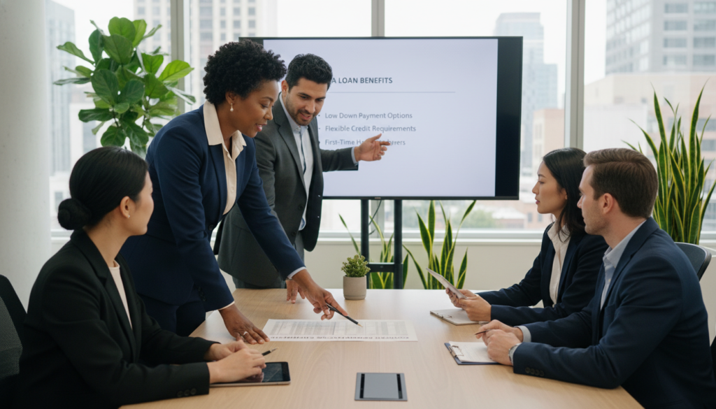 A modern office setting featuring a diverse group of professionals discussing government-backed mortgages. In the foreground, a middle-aged African-American woman in a smart business suit points at financial documents spread across a conference table. Beside her, a Hispanic man in a tailored suit gestures towards a digital presentation showcasing FHA loan benefits. In the background, tall windows allow natural light to flood the room, illuminating sleek office furniture and plants for a warm atmosphere. The mood is collaborative and focused, conveying the importance of financial accessibility. Shot from an eye-level angle to capture the interaction and engage viewers, the image emphasizes professionalism and teamwork. A modern office setting featuring a diverse group of professionals discussing government-backed mortgages. In the foreground, a middle-aged African-American woman in a smart business suit points at financial documents spread across a conference table. Beside her, a Hispanic man in a tailored suit gestures towards a digital presentation showcasing FHA loan benefits. In the background, tall windows allow natural light to flood the room, illuminating sleek office furniture and plants for a warm atmosphere. The mood is collaborative and focused, conveying the importance of financial accessibility. Shot from an eye-level angle to capture the interaction and engage viewers, the image emphasizes professionalism and teamwork.
