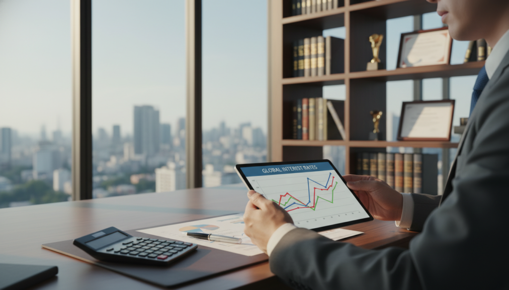A modern office setting featuring a large glass window overlooking a bustling cityscape, where the warm glow of the afternoon sun casts long shadows across the room. In the foreground, a professional dressed in business attire examines a digital tablet displaying fluctuating interest rate graphs. Surrounding them are financial documents, a calculator, and a sleek pen lying on an elegant wooden desk. In the middle, the interest rate graphs show vibrant lines representing growth and decline, vividly illustrating market trends. In the background, shelves hold financial books and awards, creating an atmosphere of knowledge and professionalism. The overall mood is one of focus and determination, highlighting the importance of understanding interest rates in modern finance. The image should have soft lighting to enhance the professional ambiance, with a slight depth of field to emphasize the subject in focus. A modern office setting featuring a large glass window overlooking a bustling cityscape, where the warm glow of the afternoon sun casts long shadows across the room. In the foreground, a professional dressed in business attire examines a digital tablet displaying fluctuating interest rate graphs. Surrounding them are financial documents, a calculator, and a sleek pen lying on an elegant wooden desk. In the middle, the interest rate graphs show vibrant lines representing growth and decline, vividly illustrating market trends. In the background, shelves hold financial books and awards, creating an atmosphere of knowledge and professionalism. The overall mood is one of focus and determination, highlighting the importance of understanding interest rates in modern finance. The image should have soft lighting to enhance the professional ambiance, with a slight depth of field to emphasize the subject in focus.