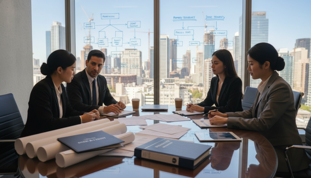 A modern office setting focusing on real estate and property rights, featuring a diverse group of four professionals in business attire discussing property documents around a sleek conference table. In the foreground, a well-organized stack of blueprints and legal paperwork represents real estate concepts. The middle ground shows a large window with a city skyline view, symbolizing urban development and property rights. The background includes a whiteboard with diagrams illustrating property ownership structures. Soft, natural light floods the space, creating an inviting and serious atmosphere. The camera angle captures the action from a slightly elevated perspective, emphasizing collaboration and focus on the subject matter. A modern office setting focusing on real estate and property rights, featuring a diverse group of four professionals in business attire discussing property documents around a sleek conference table. In the foreground, a well-organized stack of blueprints and legal paperwork represents real estate concepts. The middle ground shows a large window with a city skyline view, symbolizing urban development and property rights. The background includes a whiteboard with diagrams illustrating property ownership structures. Soft, natural light floods the space, creating an inviting and serious atmosphere. The camera angle captures the action from a slightly elevated perspective, emphasizing collaboration and focus on the subject matter.