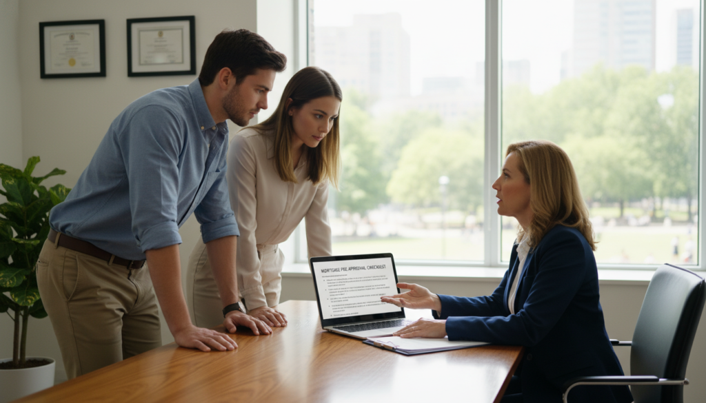 A modern office setting, showcasing a young couple seated at a sleek wooden table, engaged in a serious discussion with a professional mortgage advisor. The couple, dressed in business casual attire, displays expressions of focus and determination. The advisor, wearing a neat blazer, gestures toward a laptop displaying a mortgage pre-approval checklist. In the background, a large window reveals a bright, sunny day, casting soft natural light that creates a warm and inviting atmosphere. On the walls, framed certificates and a small plant add a touch of professionalism. The scene captures the essence of embarking on the home-buying journey, emphasizing clarity, confidence, and the beginning of financial planning. A modern office setting, showcasing a young couple seated at a sleek wooden table, engaged in a serious discussion with a professional mortgage advisor. The couple, dressed in business casual attire, displays expressions of focus and determination. The advisor, wearing a neat blazer, gestures toward a laptop displaying a mortgage pre-approval checklist. In the background, a large window reveals a bright, sunny day, casting soft natural light that creates a warm and inviting atmosphere. On the walls, framed certificates and a small plant add a touch of professionalism. The scene captures the essence of embarking on the home-buying journey, emphasizing clarity, confidence, and the beginning of financial planning.