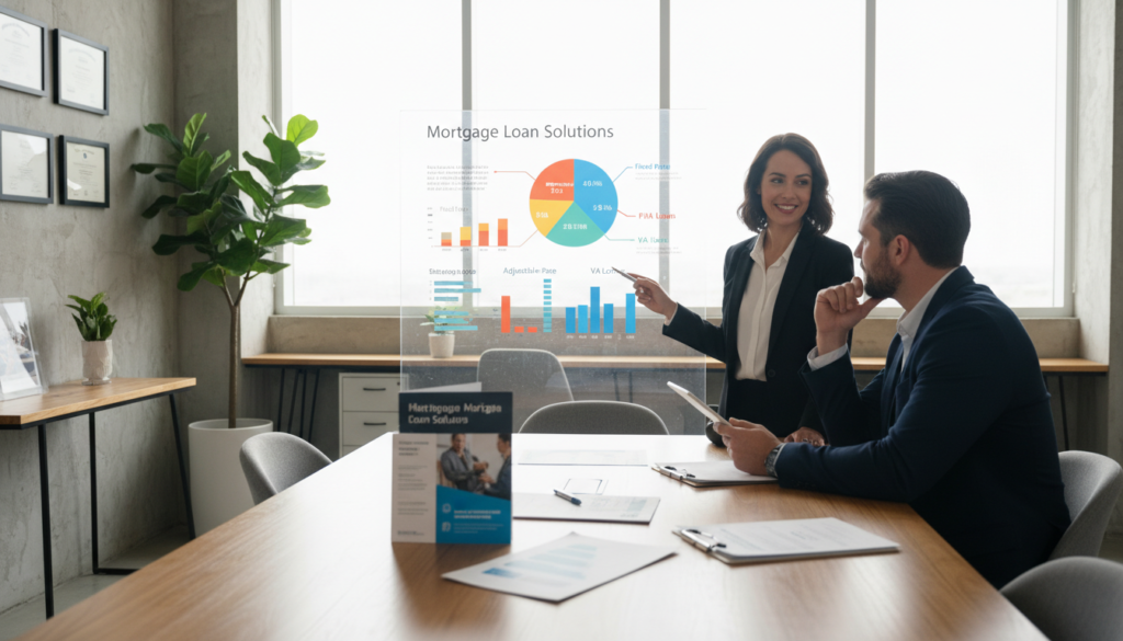 A modern office setting with a bright, inviting atmosphere, showcasing a sleek wooden table in the foreground scattered with brochures and charts about various mortgage loan options. In the middle ground, two professional individuals in business attire—one a woman and one a man—are engaged in a conversation, pointing at a colorful infographic illustrating different loan types. The background features a large window with soft natural light streaming in, illuminating the scene and creating a warm, welcoming ambiance. The room has contemporary furnishings, including potted plants and wall-mounted certificates that suggest expertise and trust. The overall mood is informative and encouraging, reflecting a sense of guidance in navigating mortgage choices. A modern office setting with a bright, inviting atmosphere, showcasing a sleek wooden table in the foreground scattered with brochures and charts about various mortgage loan options. In the middle ground, two professional individuals in business attire—one a woman and one a man—are engaged in a conversation, pointing at a colorful infographic illustrating different loan types. The background features a large window with soft natural light streaming in, illuminating the scene and creating a warm, welcoming ambiance. The room has contemporary furnishings, including potted plants and wall-mounted certificates that suggest expertise and trust. The overall mood is informative and encouraging, reflecting a sense of guidance in navigating mortgage choices.