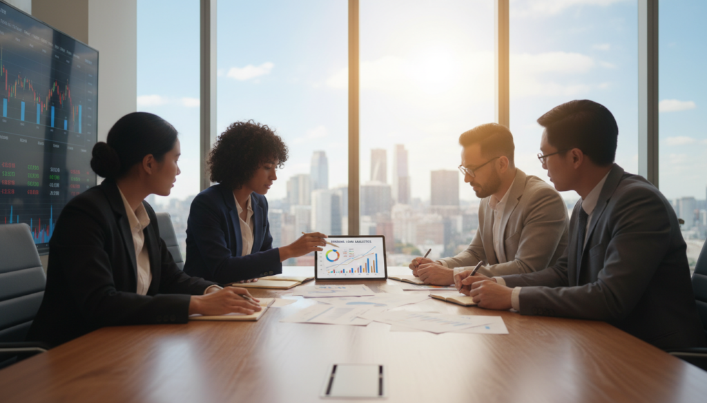 A modern office setting with a large wooden conference table in the foreground, surrounded by four diverse professionals in business attire analyzing financial documents. One individual is pointing to a digital tablet displaying graphs and statistics about personal loans, while another takes notes. In the middle, a large window lets in natural light, illuminating the space and creating a productive atmosphere. In the background, financial charts and a city skyline are visible, adding context to the discussion. The mood is focused and collaborative, suggesting an informative meeting about personal loans. Use warm lighting to enhance the inviting feel, shot with a slight wide-angle perspective to capture the entire scene. A modern office setting with a large wooden conference table in the foreground, surrounded by four diverse professionals in business attire analyzing financial documents. One individual is pointing to a digital tablet displaying graphs and statistics about personal loans, while another takes notes. In the middle, a large window lets in natural light, illuminating the space and creating a productive atmosphere. In the background, financial charts and a city skyline are visible, adding context to the discussion. The mood is focused and collaborative, suggesting an informative meeting about personal loans. Use warm lighting to enhance the inviting feel, shot with a slight wide-angle perspective to capture the entire scene.