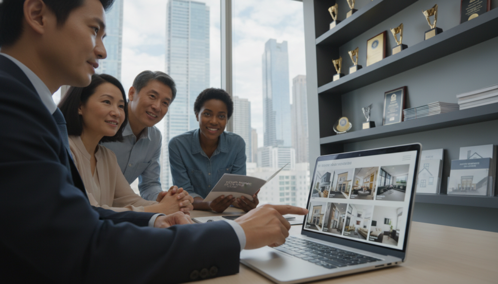 A modern office setting with a real estate agent standing confidently at the forefront, engaged in a discussion with a diverse group of clients. The agent, dressed in professional business attire, gestures towards a laptop displaying property listings. In the middle ground, a large window reveals a city skyline, hinting at the vibrant real estate market outside. The background features shelves filled with real estate awards and brochures on home buying, emphasizing expertise. Soft, natural light streams in, creating a welcoming atmosphere, while low-angle perspective adds a sense of professionalism and authority. The overall mood conveys trust and empowerment, focusing on the valuable advantages of hiring a real estate agent. A modern office setting with a real estate agent standing confidently at the forefront, engaged in a discussion with a diverse group of clients. The agent, dressed in professional business attire, gestures towards a laptop displaying property listings. In the middle ground, a large window reveals a city skyline, hinting at the vibrant real estate market outside. The background features shelves filled with real estate awards and brochures on home buying, emphasizing expertise. Soft, natural light streams in, creating a welcoming atmosphere, while low-angle perspective adds a sense of professionalism and authority. The overall mood conveys trust and empowerment, focusing on the valuable advantages of hiring a real estate agent.