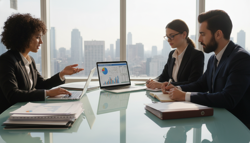 A modern office workspace focused on assessing financial health. In the foreground, a diverse group of three professionals, dressed in smart business attire, are gathered around a sleek conference table. One person points at a colorful pie chart displayed on a digital tablet, while the others take notes and engage thoughtfully. In the middle, an open laptop shows graphs and spreadsheets, and stacks of financial documents are neatly organized. The background features large windows with soft, natural light streaming in, illuminating the room with an optimistic and collaborative atmosphere. The overall mood conveys focus and professionalism, emphasizing teamwork and informed decision-making in financial assessment. A modern office workspace focused on assessing financial health. In the foreground, a diverse group of three professionals, dressed in smart business attire, are gathered around a sleek conference table. One person points at a colorful pie chart displayed on a digital tablet, while the others take notes and engage thoughtfully. In the middle, an open laptop shows graphs and spreadsheets, and stacks of financial documents are neatly organized. The background features large windows with soft, natural light streaming in, illuminating the room with an optimistic and collaborative atmosphere. The overall mood conveys focus and professionalism, emphasizing teamwork and informed decision-making in financial assessment.